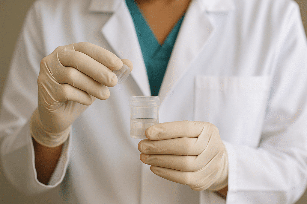 Dentista com luvas segurando frasco coletor com amostra de saliva para análise de saúde bucal.