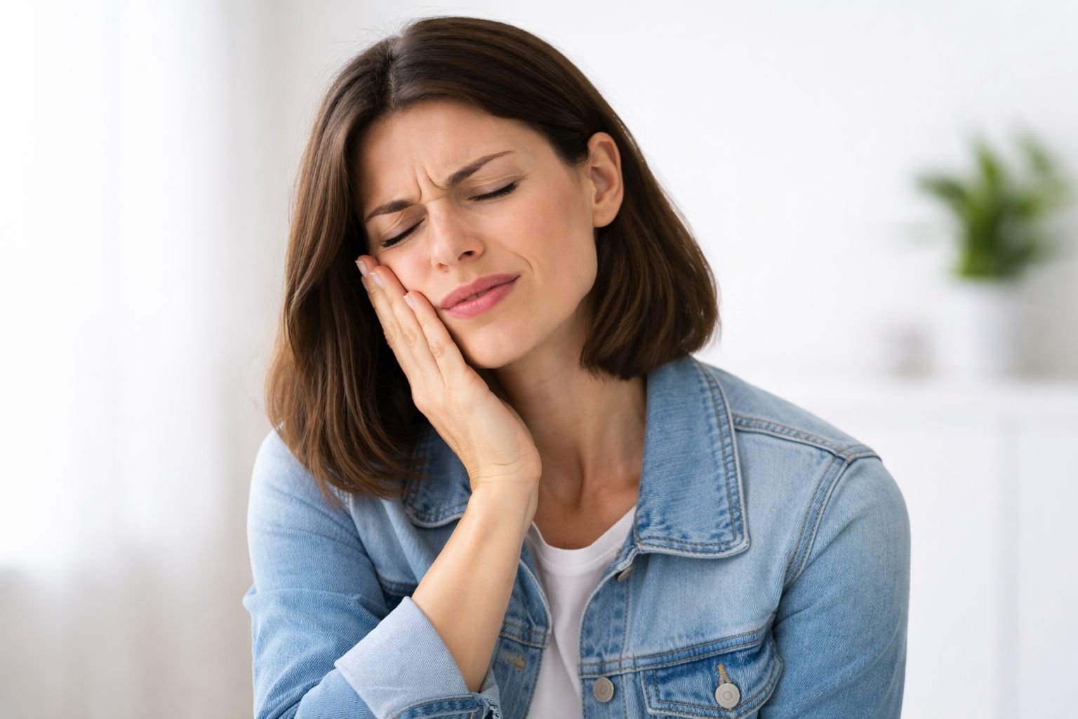 Mulher com dor de dente em Bauru segurando o rosto