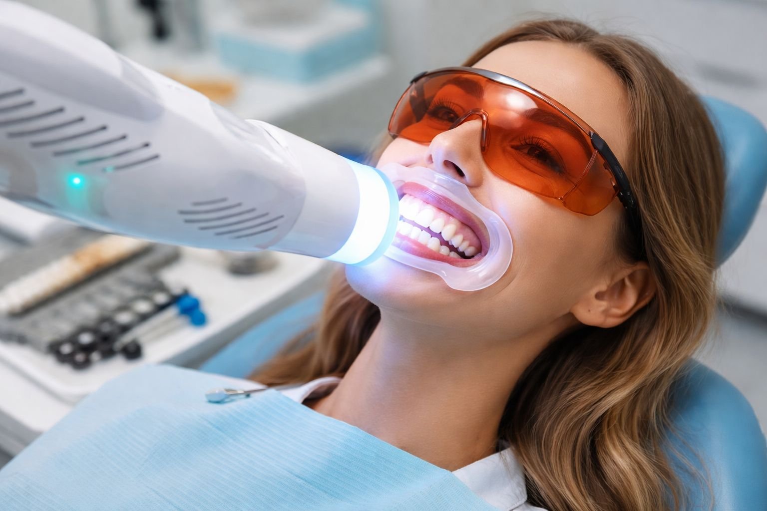 Dentista realizando avaliação para clareamento dental em paciente sorrindo no consultório em Bauru.