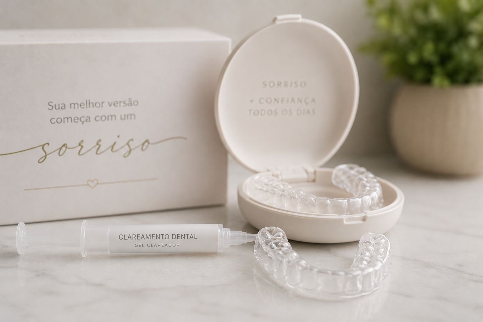Kit de clareamento dental com moldeiras transparentes e gel clareador em composição minimalista e sofisticada para odontologia estética.