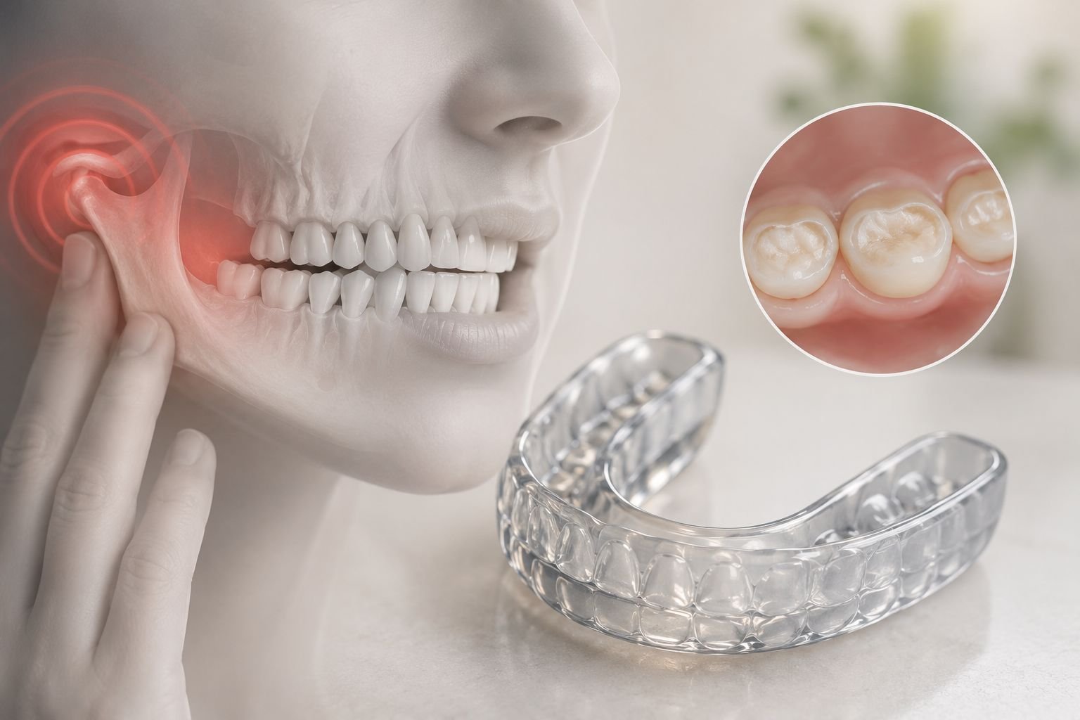Ilustração odontológica sobre bruxismo mostrando desgaste dentário, tensão na articulação e placa oclusal transparente para proteção dos dentes.
