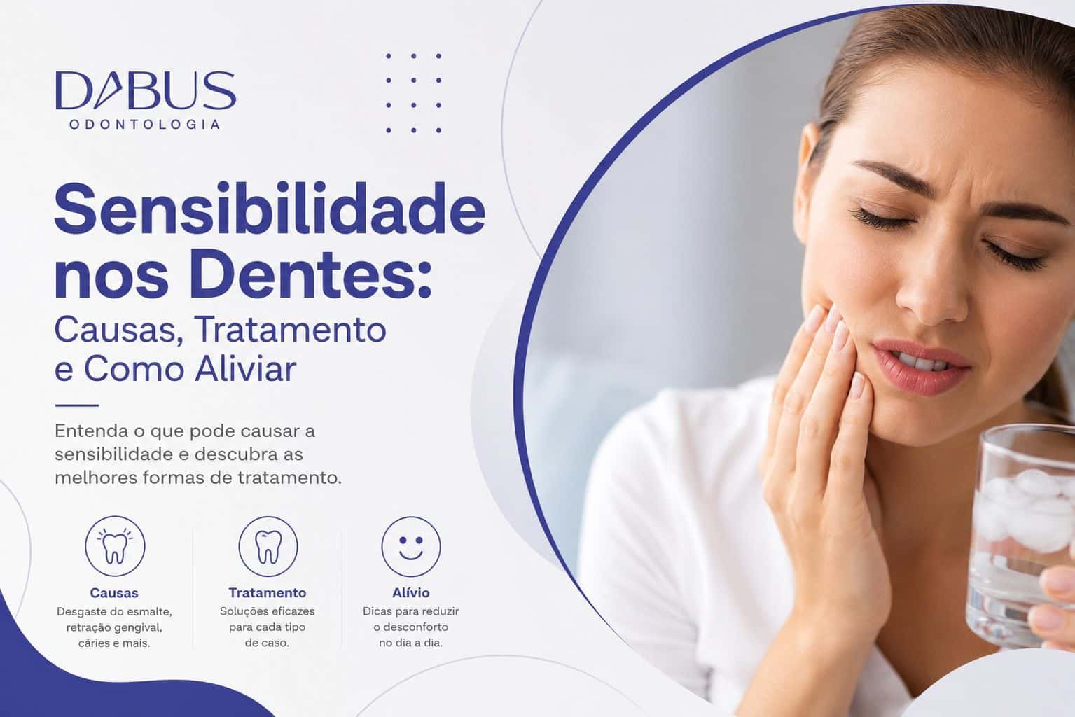 Paciente com sensibilidade nos dentes durante o consumo de bebida gelada. Imagem ilustrativa sobre causas, tratamento e como aliviar a sensibilidade dentária na Dabus Odontologia, em Bauru.